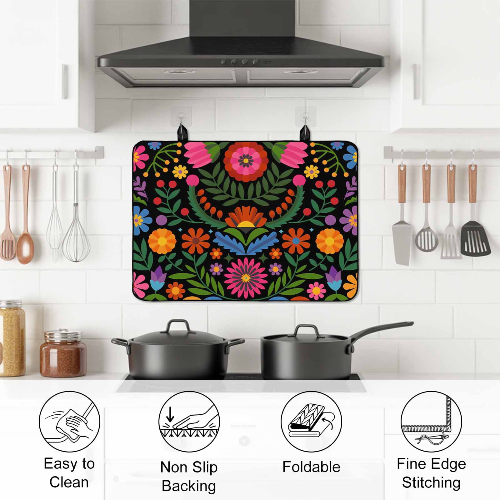 Bohemian Stove Top Cover for Electric Stove, Heat-proof & Non Slip Glass Top Stove Cover Protector, Red Green Tribal Mexican Abstract Flower Kitchen Flat Cooktop Rubber Mat 24x21 Inches
