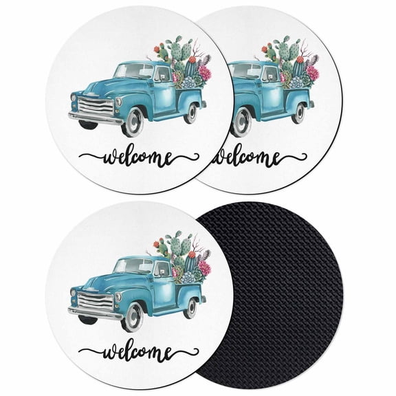 Summer Cactus Coasters Set of 4, Absorbent Coasters for Drinks, Country Blue Truck Botanical Tropical Plants Coaster for Desk Coffee Table Protection, Home Decor House Warming Gifts 4"