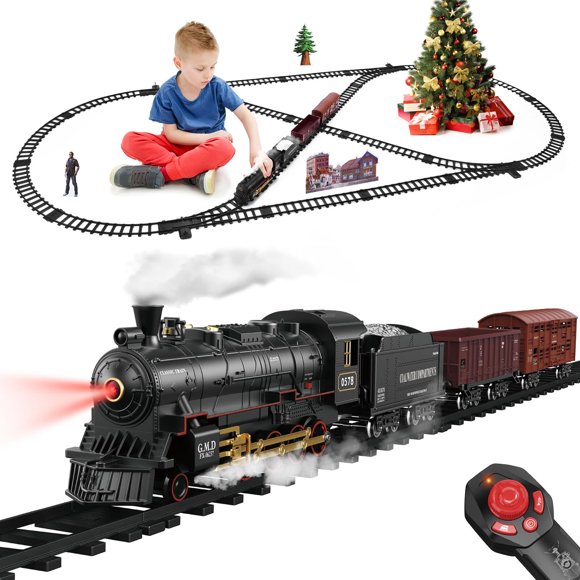 Train Set for Kids Remote Control Steam Locomotive Retro Train, with Railroad Carriages Long Tracks, Battery-Powered Model Train RC Toy Gift for Boys