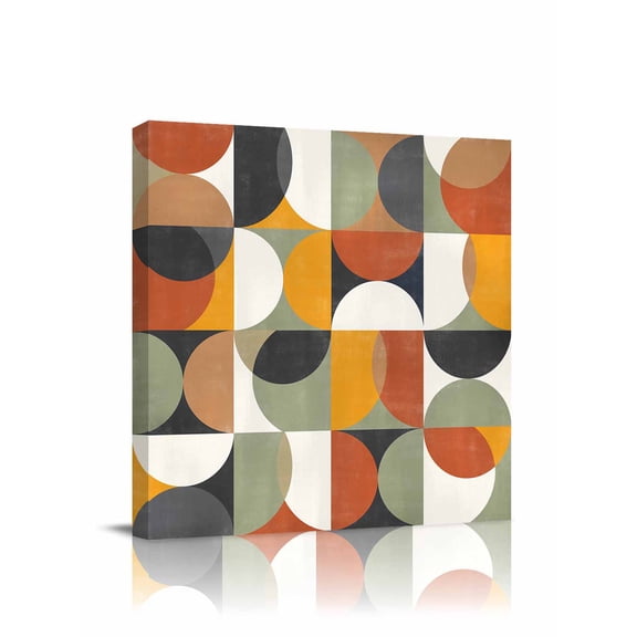 Mid-Century Modern Canvas Wall Art, Abstract Geometric Semicircle Green Framed Wall Decor Modern Artwork Prints Painting for Living Room, Bedroom, Kitchen & Cafe Decor 28x28 Inch