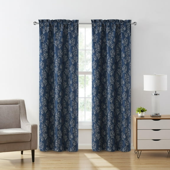 VCNY Home Carmen Navy Blue Floral Rod Pocket Blackout Curtain Panel, 52" x 84"