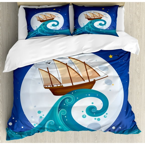 Moon Duvet Cover Set, Old Ship with Tempest Riding the Waves Full Moon and Stars Marine Cartoon Style, Decorative 3 Piece Bedding Set with 2 Pillow Shams, Calking Size, Blue Brown White, by Ambesonne