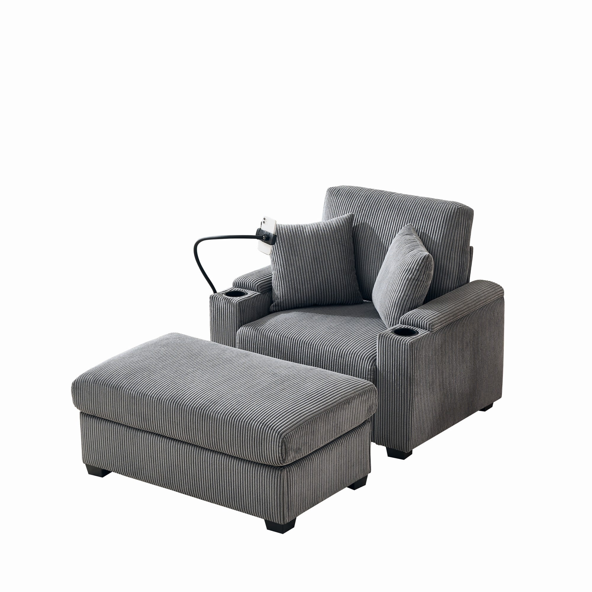 Euroco 55" Oversized Chaise Lounge Chair Indoor with Ottoman and Storage, Comfy Corduroy Sleeper Chair with Cup Holder,Mobile Phone Stand&USB Charging Port