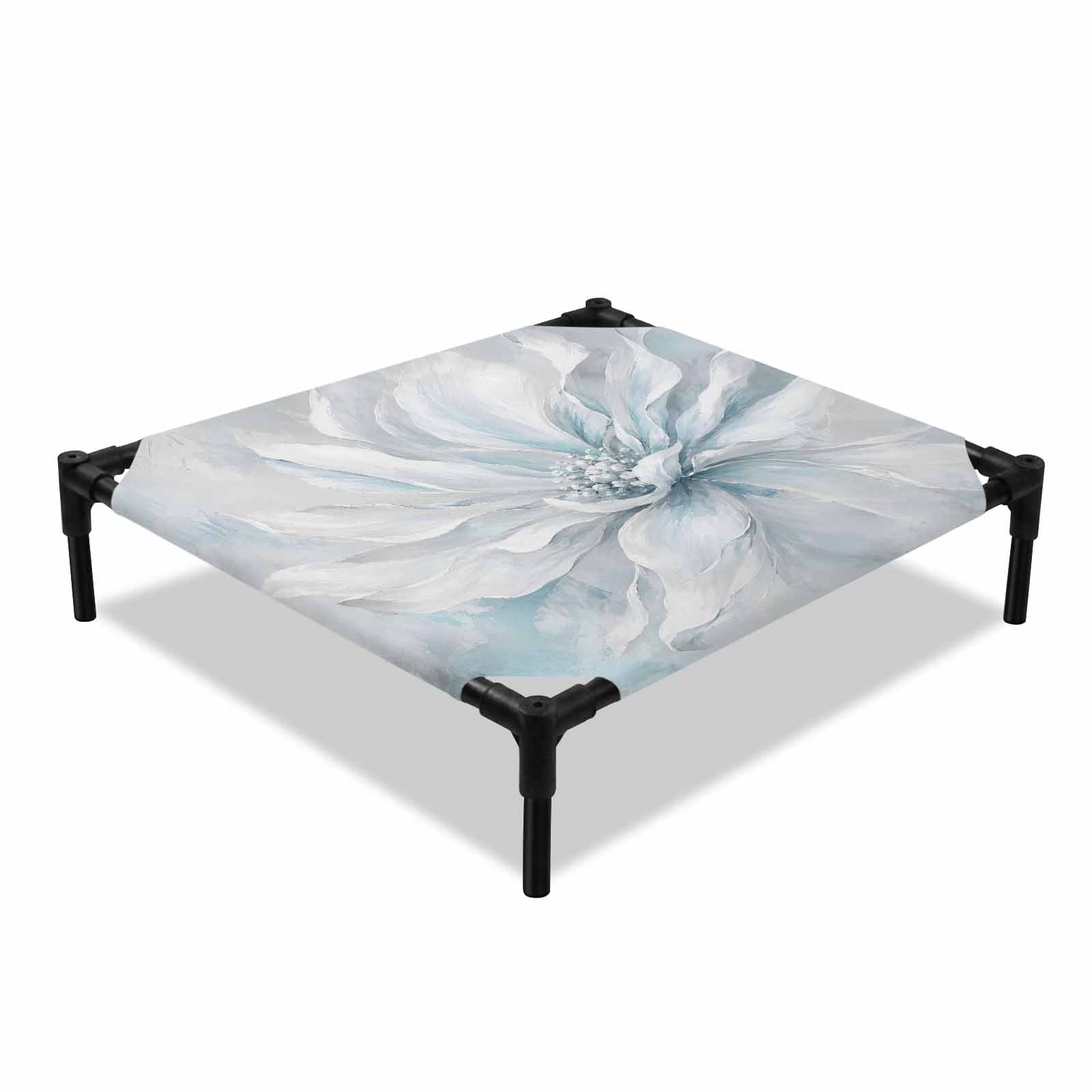 Blue White Floral Elevated Dog Bed Modern Minimalist Abstract Art Flower Cooling Breathable Outdoor Raised Dog Cot Bed with Metal Frame Non-Slip Feet for Small Dog 20x20in