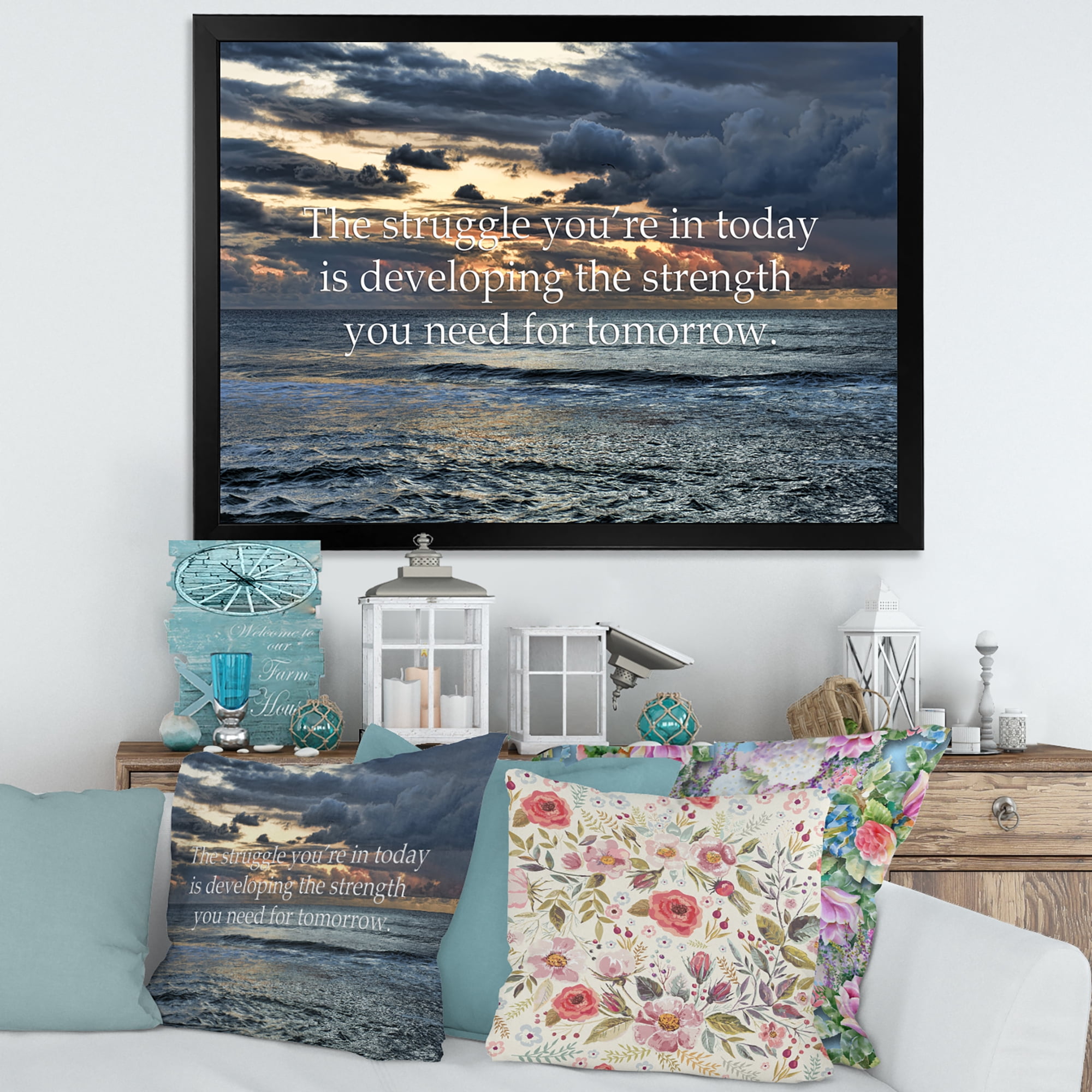 Designart 'Inspirational Quote and Ocean' Nautical & Coastal Framed Art Print