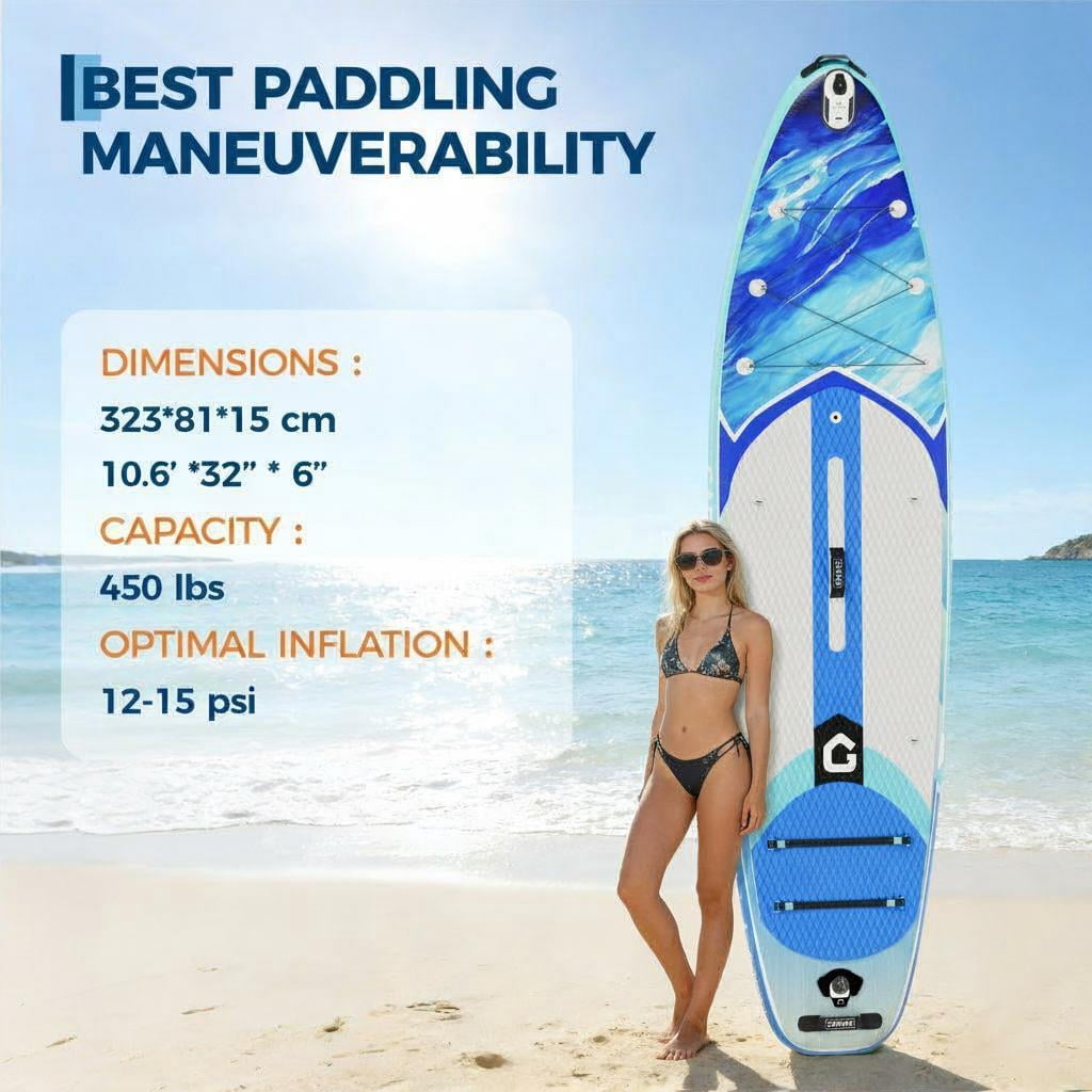 Memoryfield 10.6 ft Inflatable Stand Up Paddle Board, Wide Stable SUP with Non-Slip Deck & Accessories, Blue