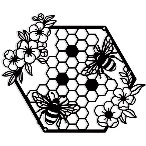 Metal Wall Decor Honey Bees and Hives with Flowers Art Decoration Black Wrought Iron Art Hanging Decor