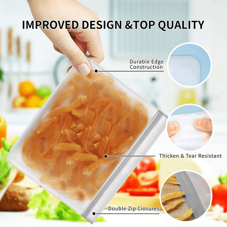 8 PCS Reusable Food Storage Bags | 4 Silicone Storage Bags, Dishwasher Safe  | 4 Reusable Sandwich Bags and Snack Bags Washable| Great for Freezer