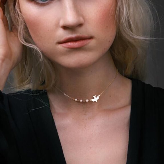 Teissuly Geometric Pearl Metal Bird Single Layer Necklace Clavicle Chain