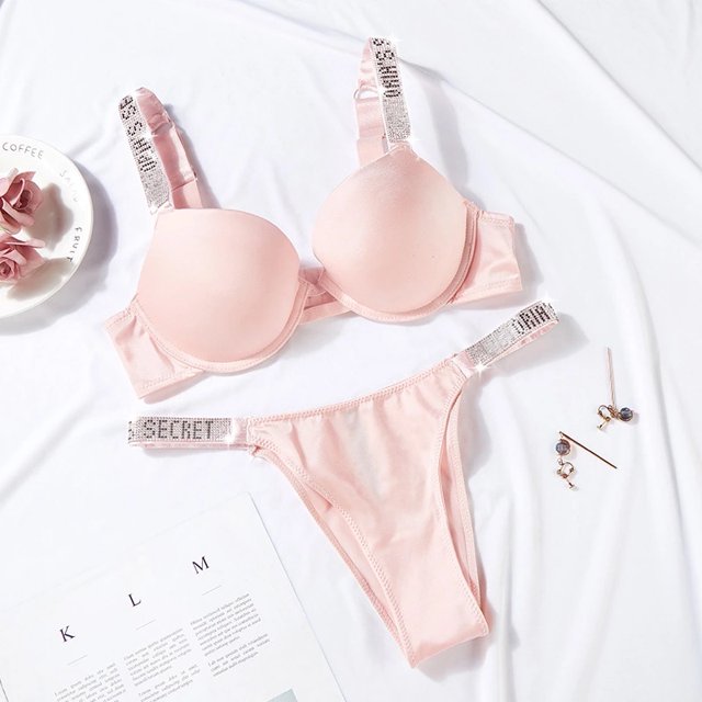 Ajustable Sujetador Conjunto De Diamantes De Imitación Ropa Interior Sexy Glitter Transpirable Push Up Mujeres Letra Impresión Lencería Vpangjing