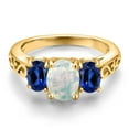 thumbnail image 3 of Gem Stone King 18K Yellow Gold Plated Silver White Opal and Blue Created Sapphire Filigree Style 3 Stone Ring for Women (2.20 Cttw, Oval 8X6MM and 6X4MM) (Size 9), 3 of 6