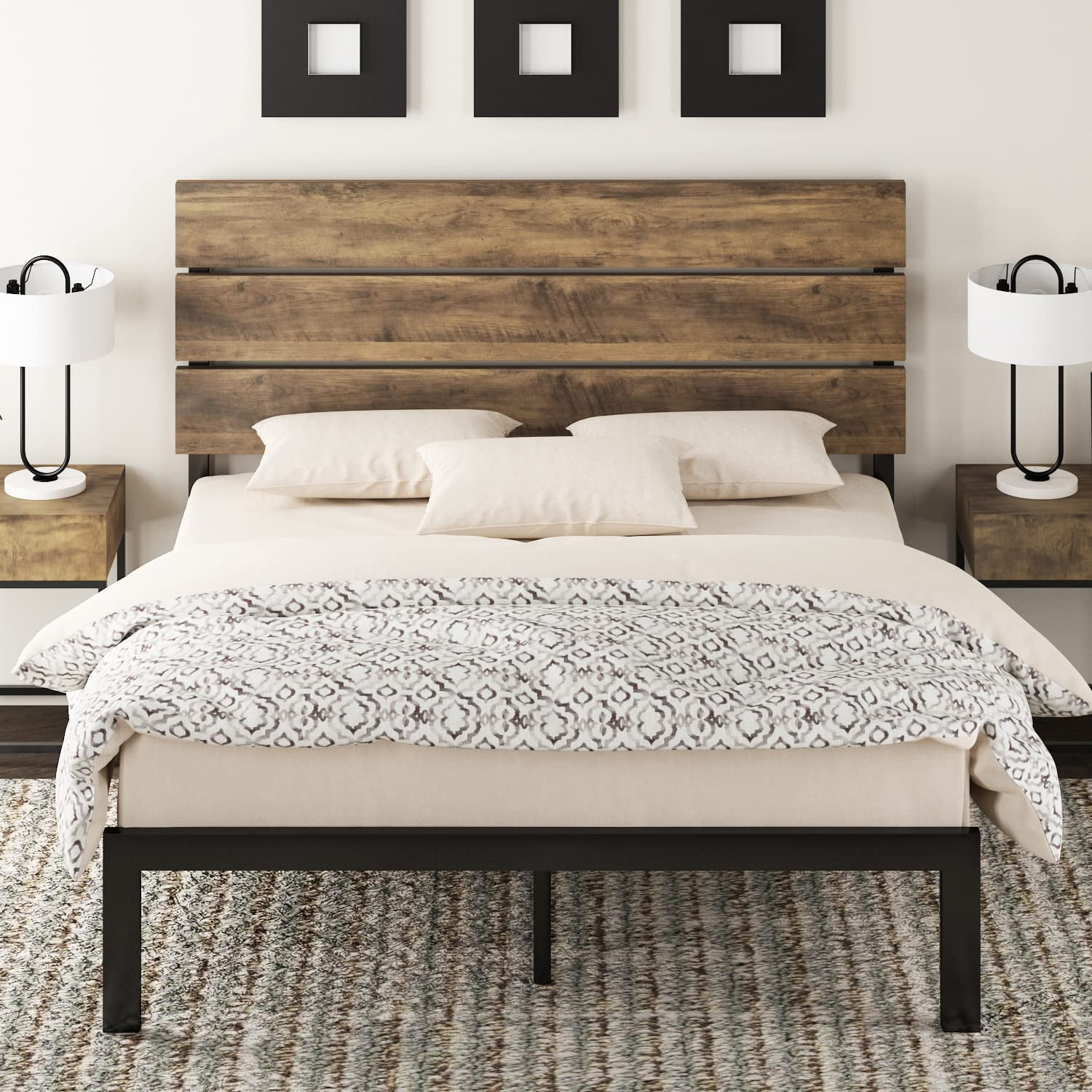 Queen Size Platform Metal Bed Frame Wooden Headboard & Slats Bedroom Furniture 