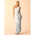 thumbnail image 3 of Blue And White Womens Boho Tropical Seahorse Coral Shell Print One-Shoulder Ruched Maxi Vacation Dress, 3 of 7