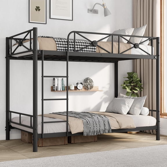 Senfot Metal Bunk Bed Twin Over Twin, Heavy Duty Bunkbeds with Safety Guard Rails, Space-Saving Steel Bed Frame for Bedroom, Black