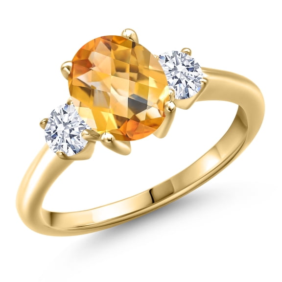 Gem Stone King 10K Yellow Gold Yellow Citrine and White Zirconia Engagement Ring for Women | 2.15 Cttw | Oval Checkerboard 9X7MM | Gemstone November Birthstone | Size 5