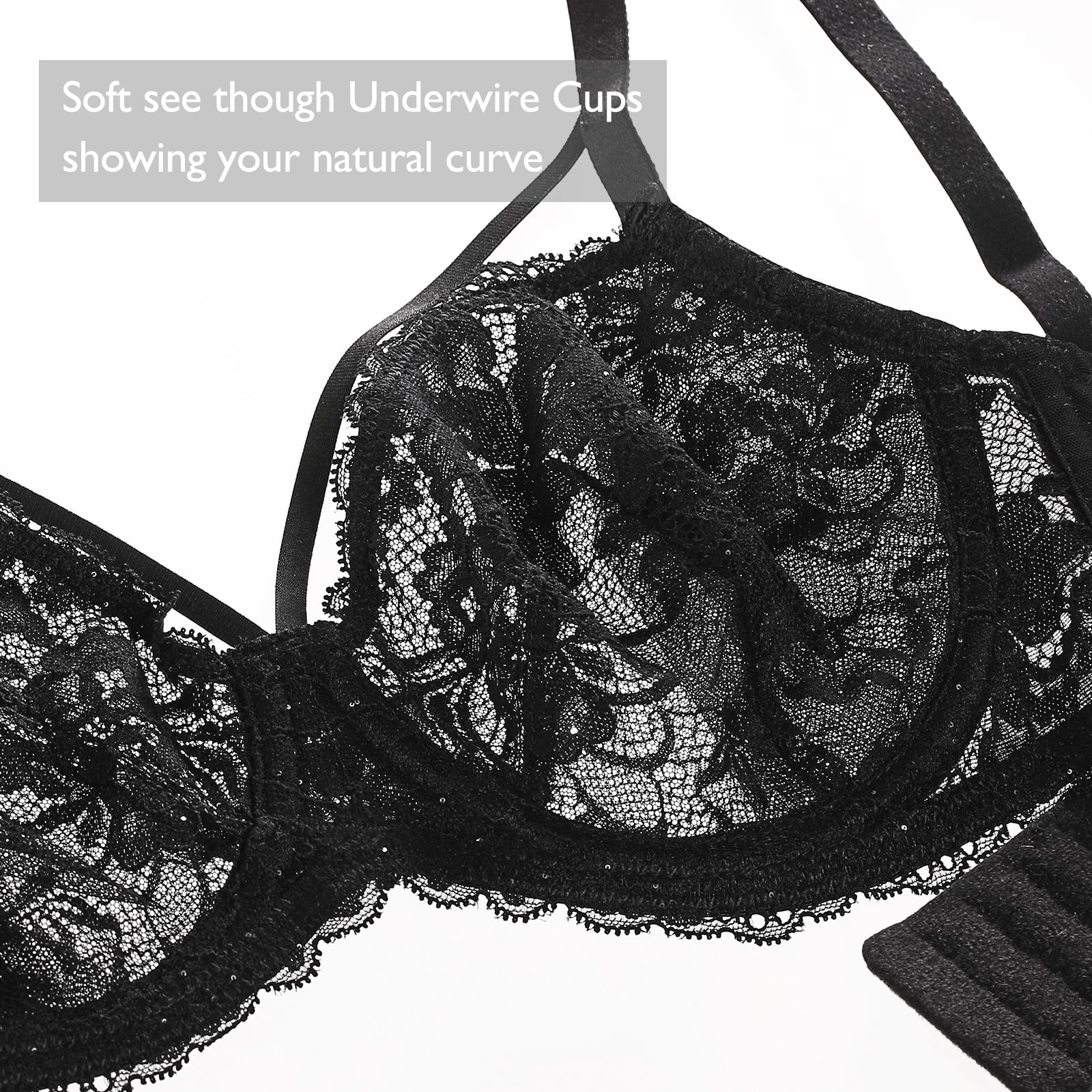Exerin Women's Sexy Lace Bras Underwire Plus Size See Through Mesh Sheer Bra(38DDD,Black)