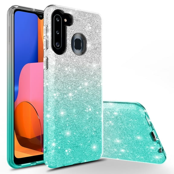 Samsung Galaxy A21 Case, KAESAR Cute Fashinon Slim Luxury Shinning Sparkle Bling Classy Glitter Sparkle Girl Girly Women Protective Cover for Samsung Galaxy A21 (Silver / Teal)