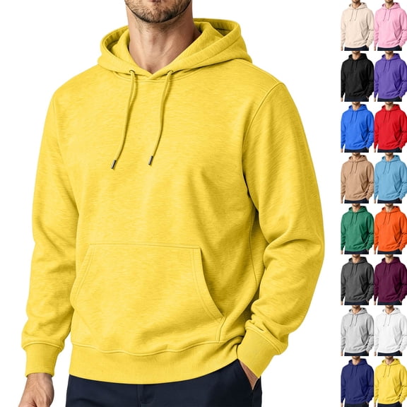 Hoodie for Mens Classic Solid Color Long Sleeve Hoodies Casual Drawstring Oversized Pullover with Pocket Yellow S