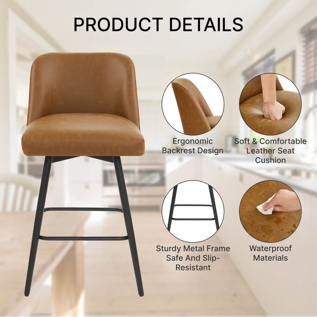 L'AGRATY Modern Bar Stools Set of 4, 26" High-Back Counter Stools, Faux Leather Upholstery, for Kitchen Island, Home Bar, Brown