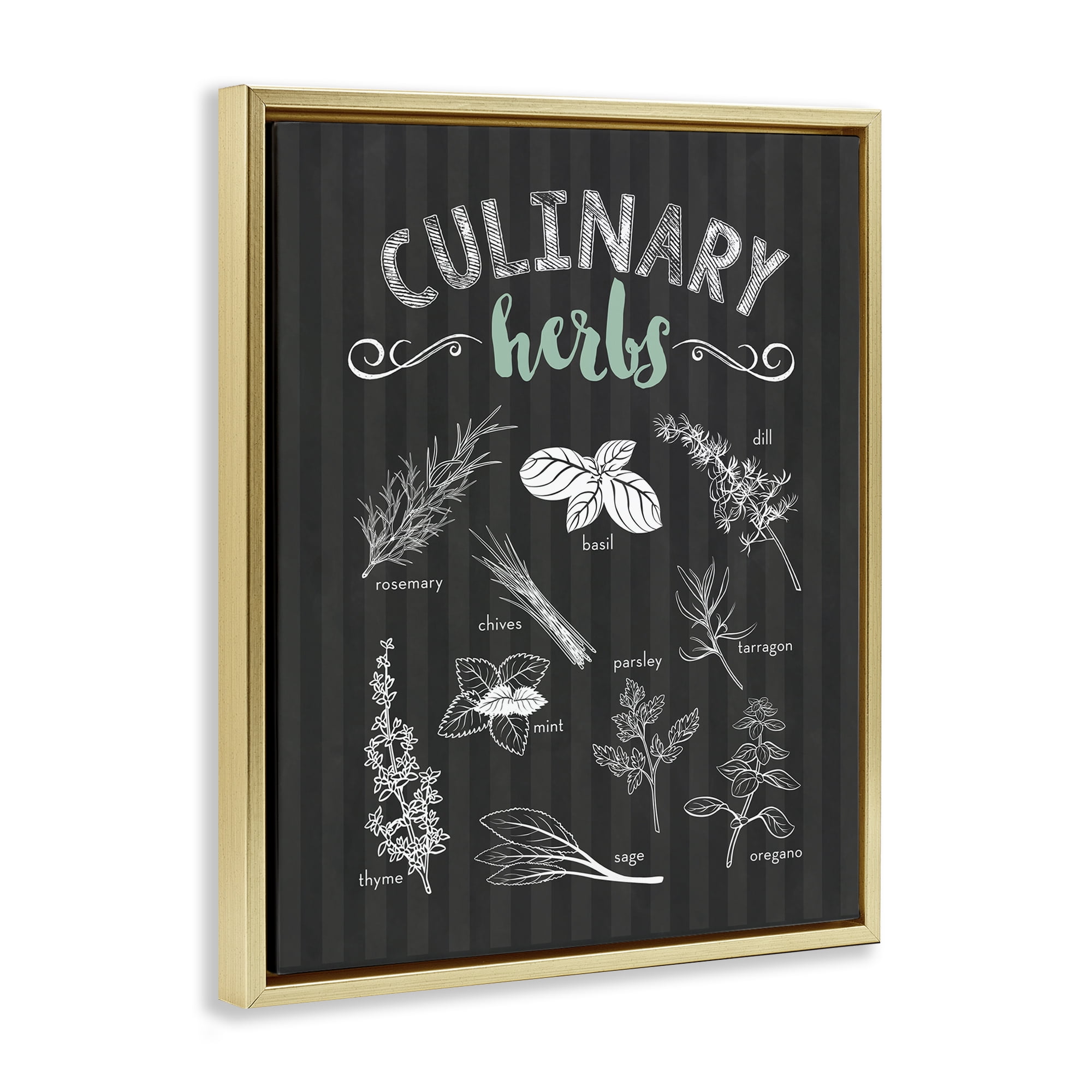 Culinary Herbs on Stripes Gold Framed Floater Canvas Wall Art, design by Lettered and Lined