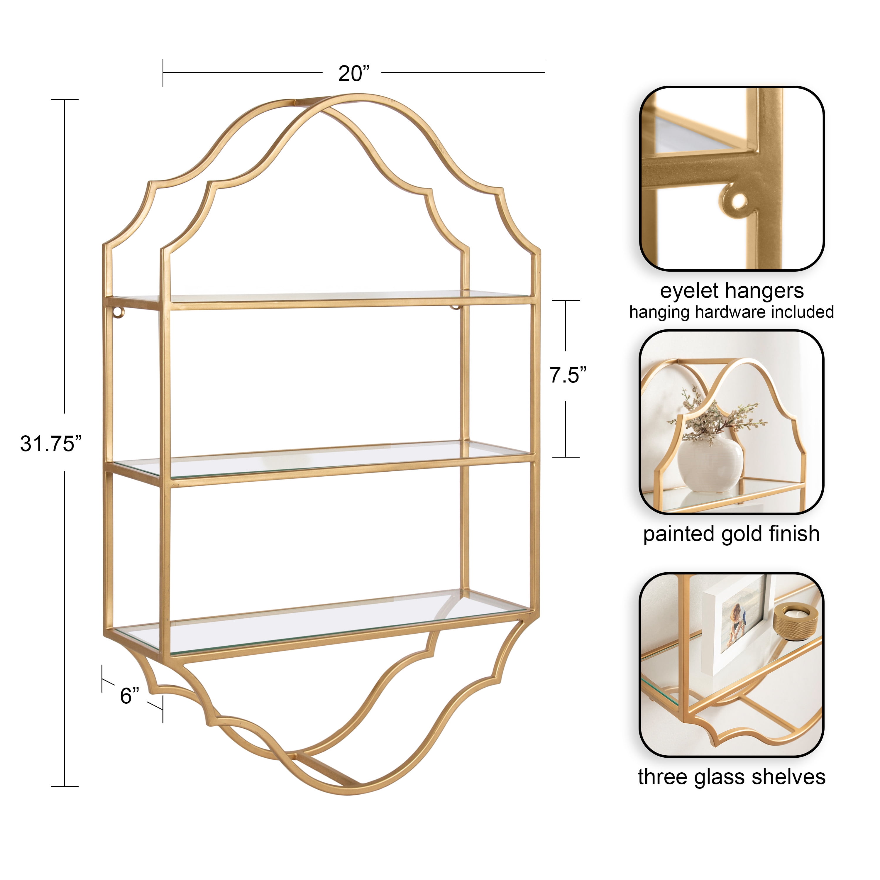 Kate and Laurel Leanna Scalloped Three-Tiered Wall Shelf, 20 x 32, Gold, Decorative Floating Shelf Storage and Wall Organizer for Bathroom Over Toilet Storage or Display