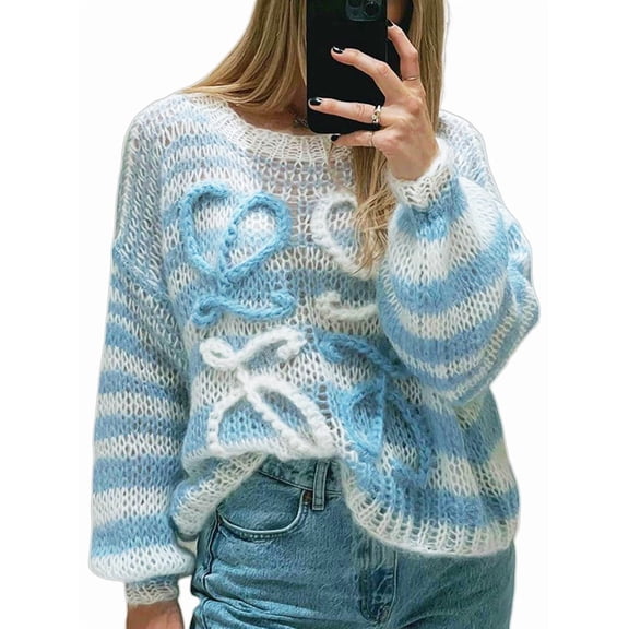 Womens Long Sleeve Sweater Autumn Color Block Going Out Crew Neck Knit Trendy Casual Tops Light Blue M