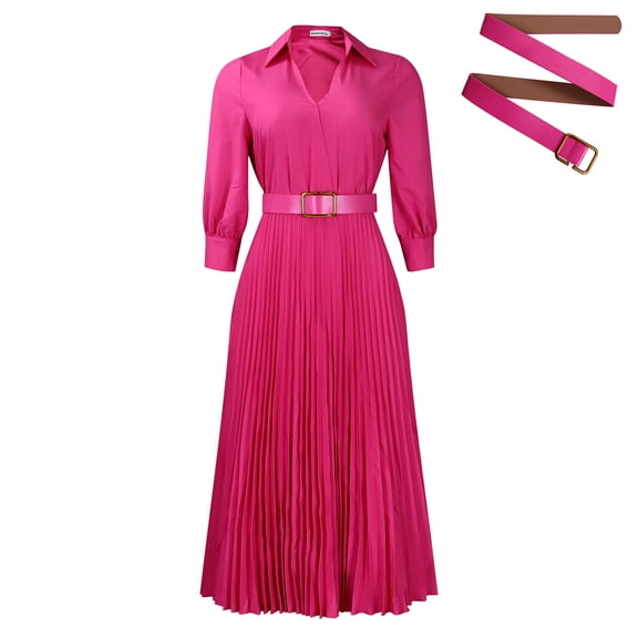 AURA Women’s A Line Midi Dress Turn Down Collar Long Sleeve High Waist Pleated With Belt S XXXL