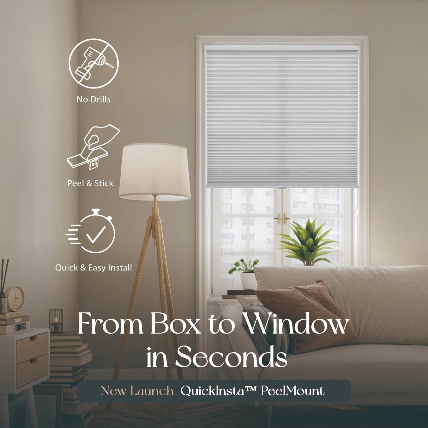 REGAL estate No Drill Cordless Cellular Blinds, Easy Install, 1.5" Light Filtering, 27" W x 64" H, Light Gray