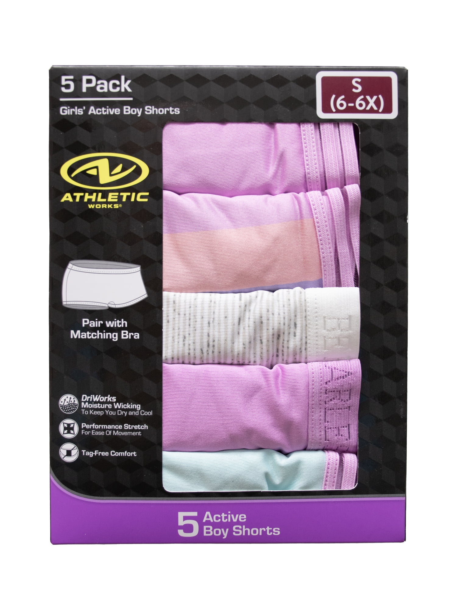 Athletic Works Girls Active Boyshort Underwear, 5-Pack, Sizes S-XL