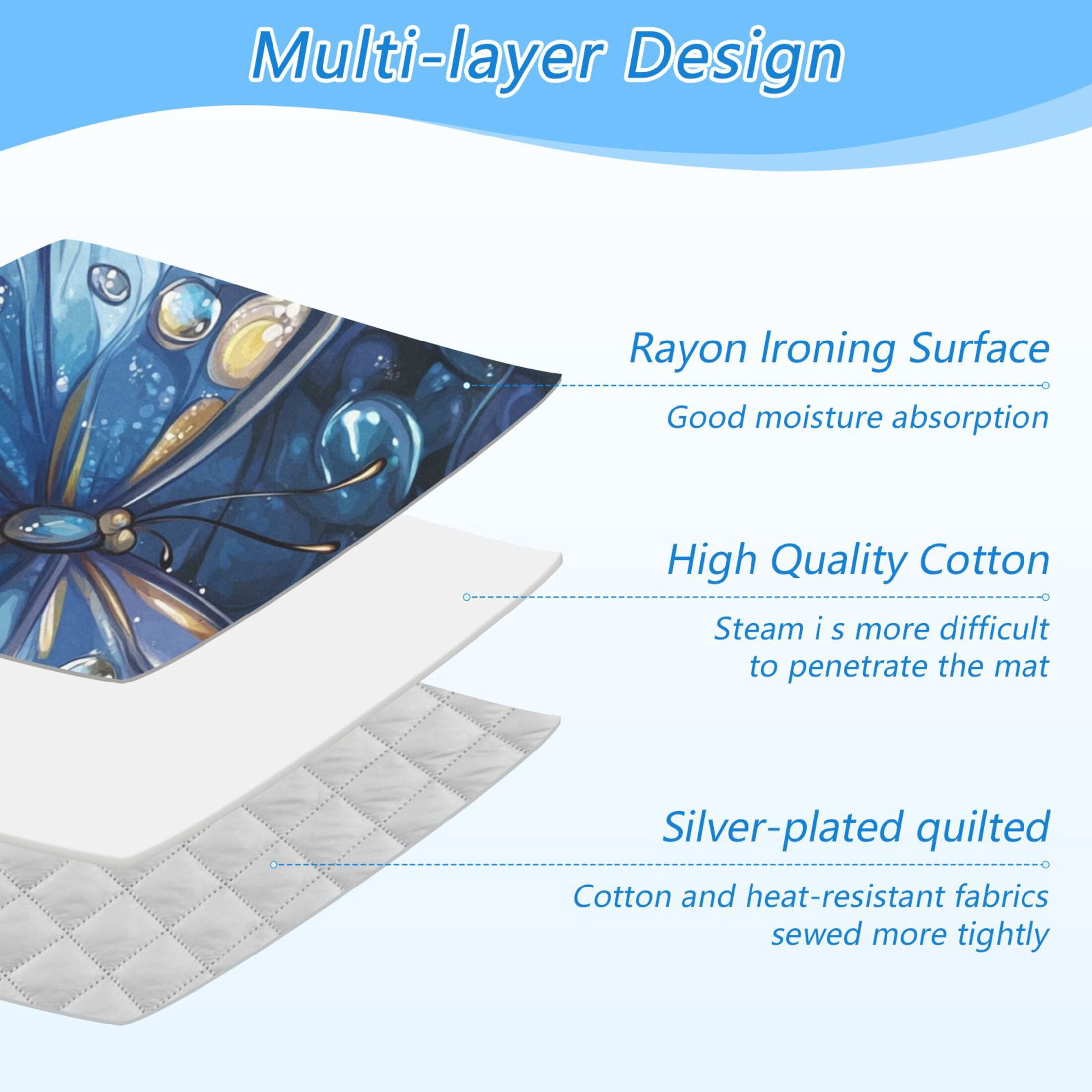 Blue Butterfly and Raindrop Ironing Mat Blanket Portable Travel Ironing Pad Heat Resistant Pad 47.2" x 27.6”