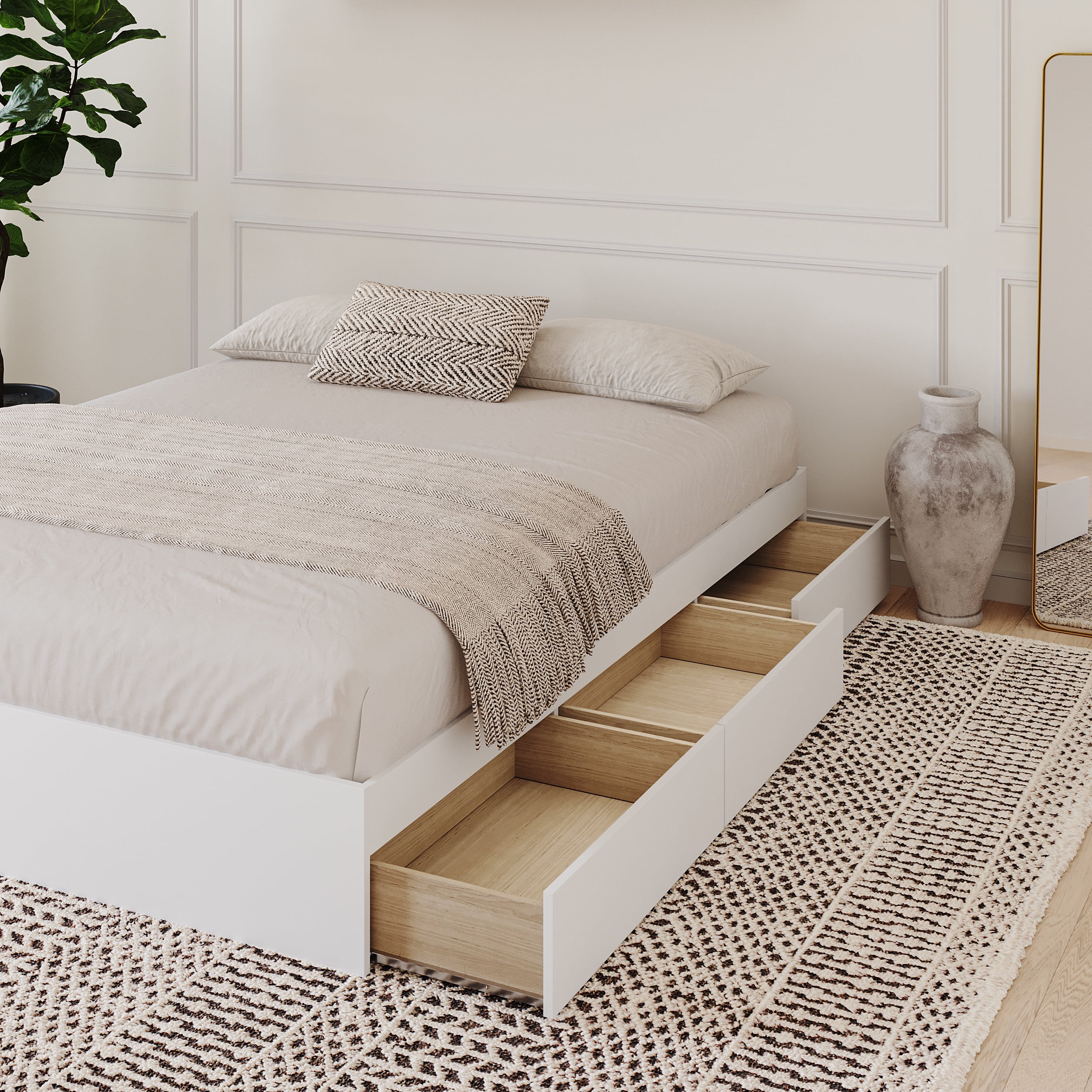 Nexera Queen Size Storage Wood Bed Frame with 3 Drawers, White