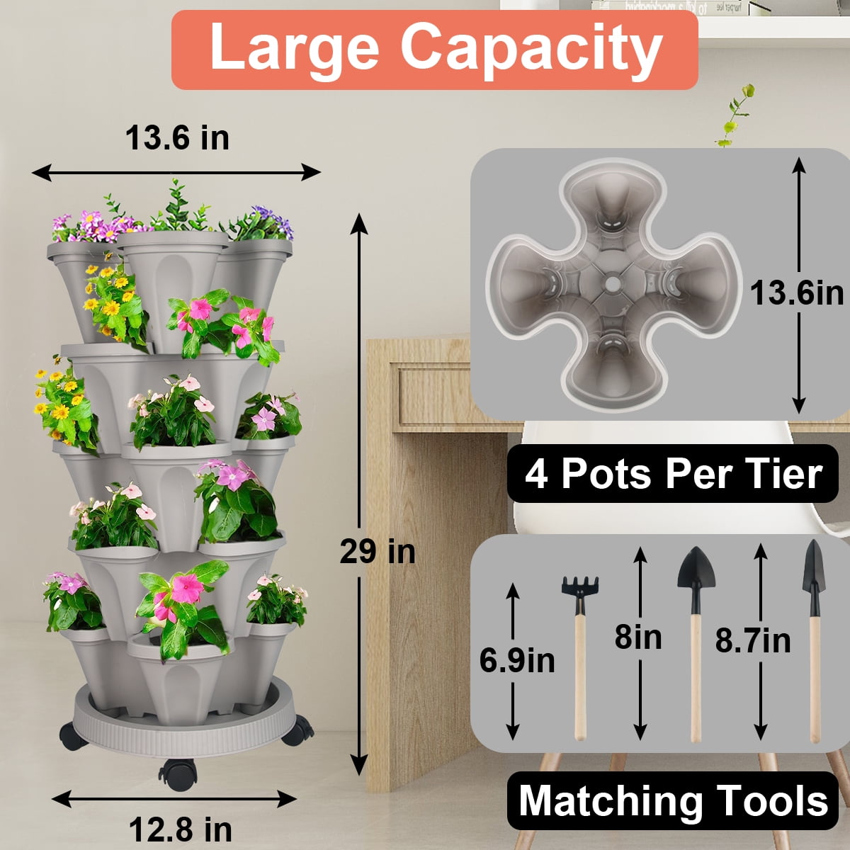 Gamexcel Vertical Garden Planter 5 Tier Gray Plastic Stackable Tower Planter with Saucer for Strawberry,Herb
