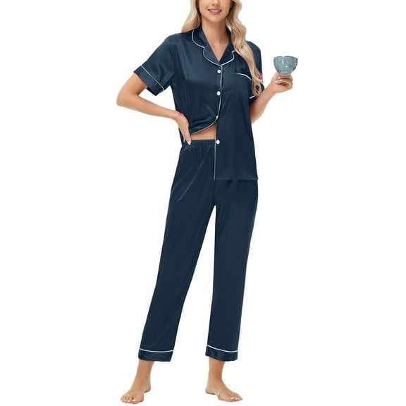 Holiday Gift Finder Women's Pajama Set – Long Sleeve Button Down Postpartum Lounge Sets Fashion Women Short Sleeve And Long Pants Casual 2PC Sets With Pockets,Navy,2XL