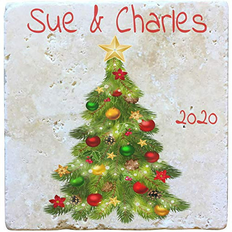 Christmas Tree Travertine Drink Coasters