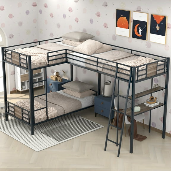 CoSoTower L-Shaped Twin Over Twin Bunk Bed With Twin Size Loft Bed With Desk And Shelf , Brown