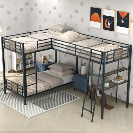 Dcenta L-Shaped Twin over Twin Bunk Bed with Twin Size Loft Bed with Desk and Shelf  Brown
