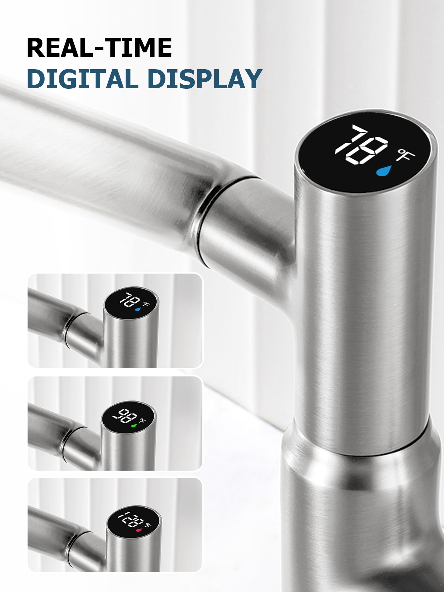 Lefton Rotatable Bathroom Faucet with Temperature Display in Fahrenheit (Batteries-Free), 3 Water Outlet Modes, Brushed Nickel, BF2204-0