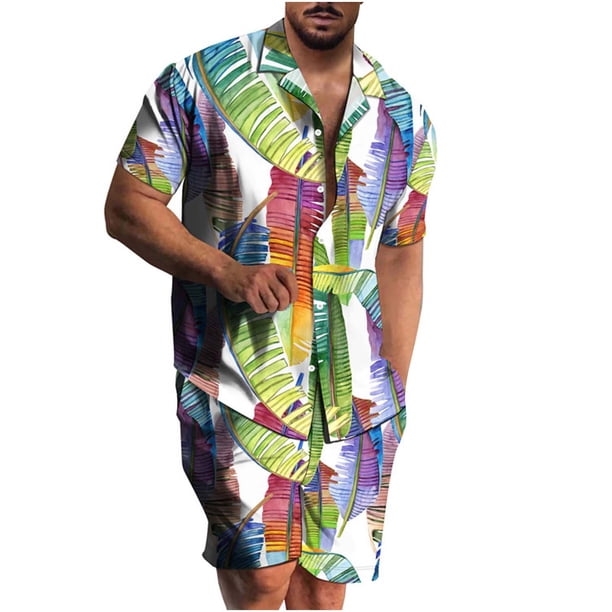 Conjunto casual de blusa y pantalones de playa de manga corta con estampado de botones para hombre Pompotops oipoqjl51589