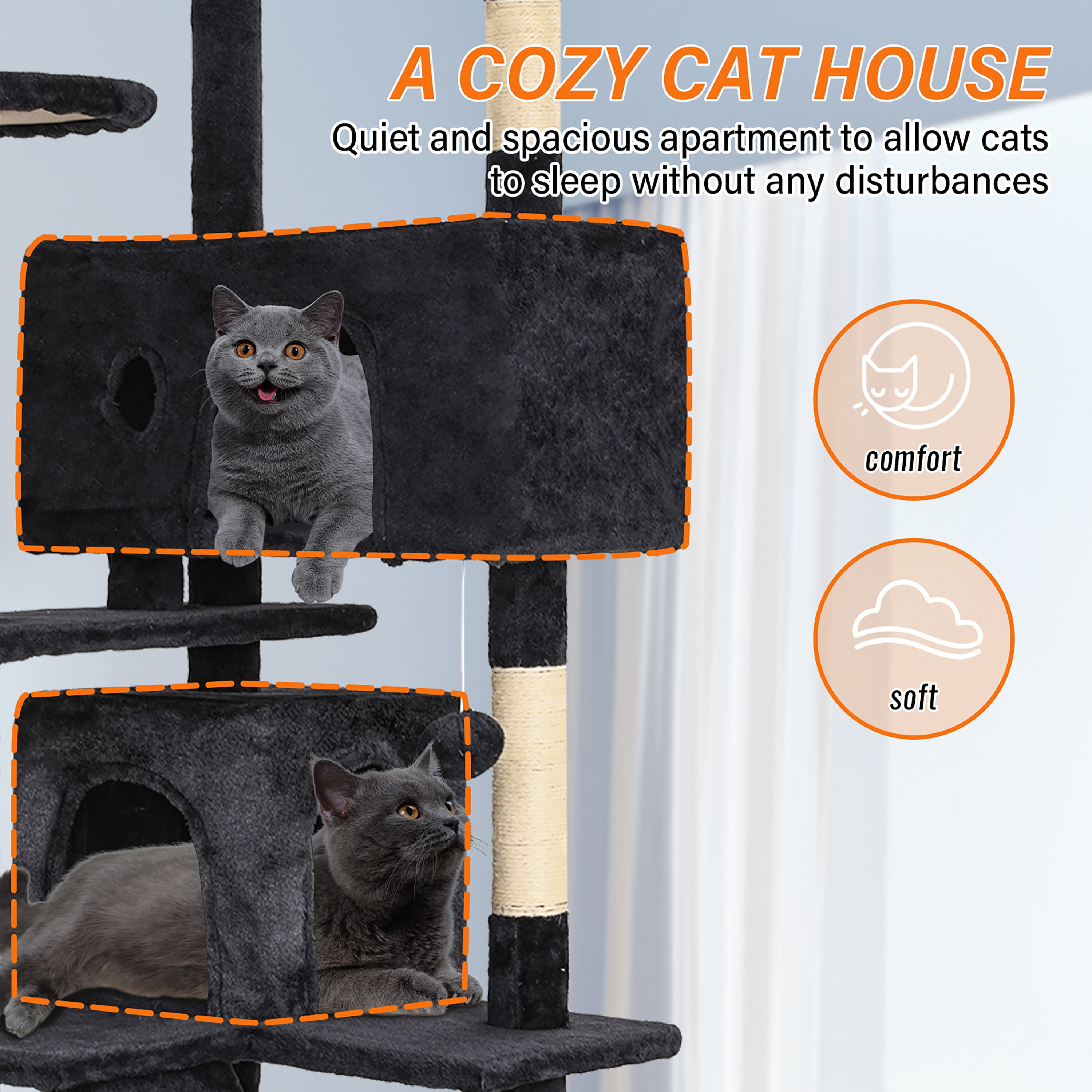 Tabby Indoor Upholstered Faux-Fur Wood Dark Gray Cat Condo Tree Tower for Pet Room
