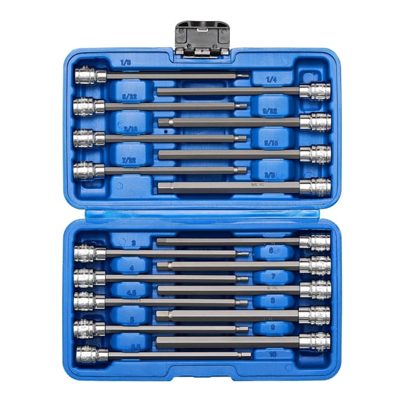 MIXPOWER PRO 18-Piece 3/8" Drive Extra Long Hex Bit Socket Set, SAE and Metric, 1/8" to 3/8", 3mm to 10mm, Chrome Vanadium and S2 Steel