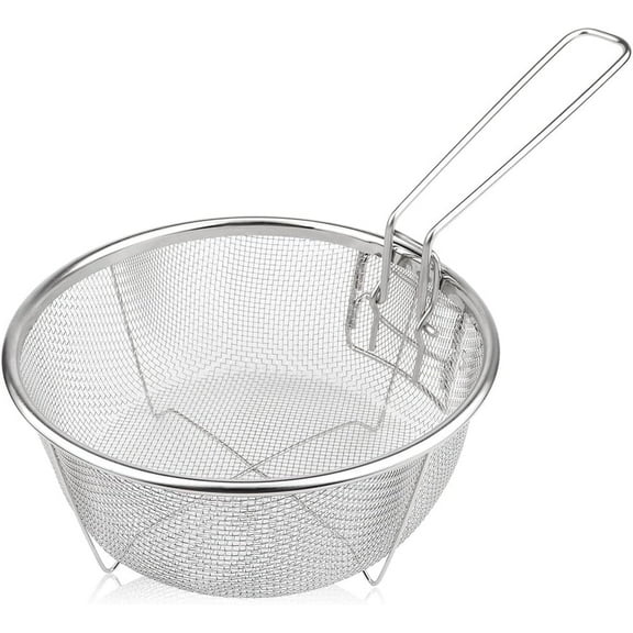 NOGIS Stainless Steel Drain Basket, Multifunctional Foldable Deep Fry Basket - Round Wire Mesh French Chip Frying Serving Food Presentation Tableware with Folding Handles(20x20cm)