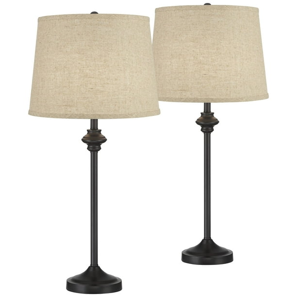 360 Lighting Modern Country Cottage Tall Buffet Table Lamps Set Of 2 Black Burlap Faux Silk Drum Shade For Living Room House Home Com Cottage Tall Buffet Table Lamps Set, Buffet Table Lamps Tall