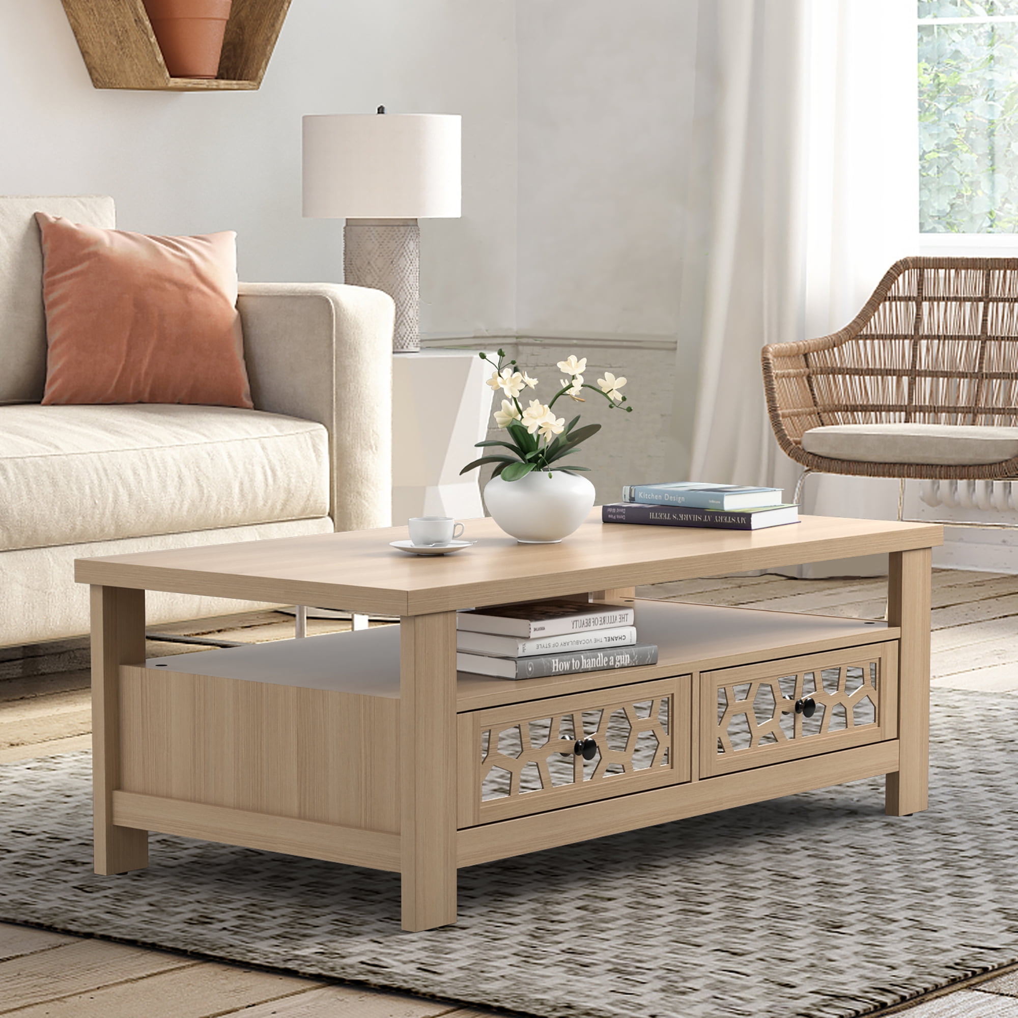 Costway Coffee Table with2 Drawers & Open Shelf Modern Rectangular Wood Living Room Table Natural