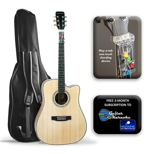 Ameritone Full-Size Acoustic Guitar with Play-A-Tab, Gig Bag and 3-Month Online Lesson Subscription, Natural Finish Cutaway