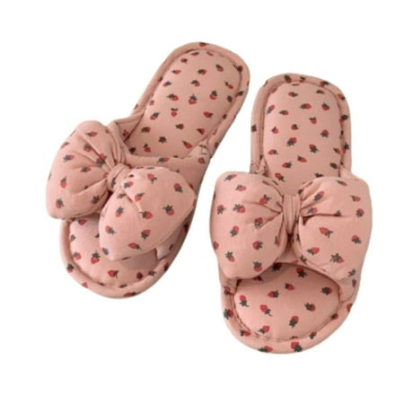 

Penkiiy Warm Slippers for Women Cute Strawberry Bow Slippers Linen Slippers Indoor Home Flat Bottom Four Seasons Available Fabric Floor Slippers Floor Mute Slippers Pink Slippers