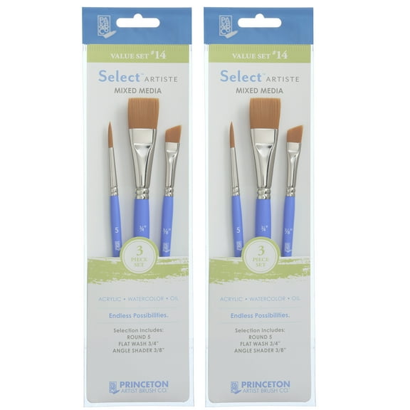 Princeton Select Artiste Brush Set No. 14, Synthetic Bristles, Short Handle Mixed Media Paintbrush, Jewel Blue, 3 Per Set, 2 Sets