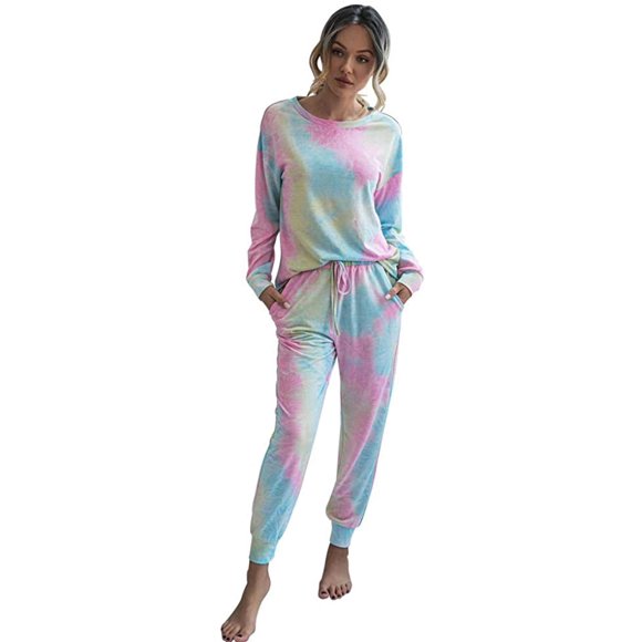 Ensemble de Pyjama Teinture sur Nœuds pour Femmes, Chandail à Manches Longues et Pantalon, Ensembles de Pyjama Décontractés, Tenue de Nuit