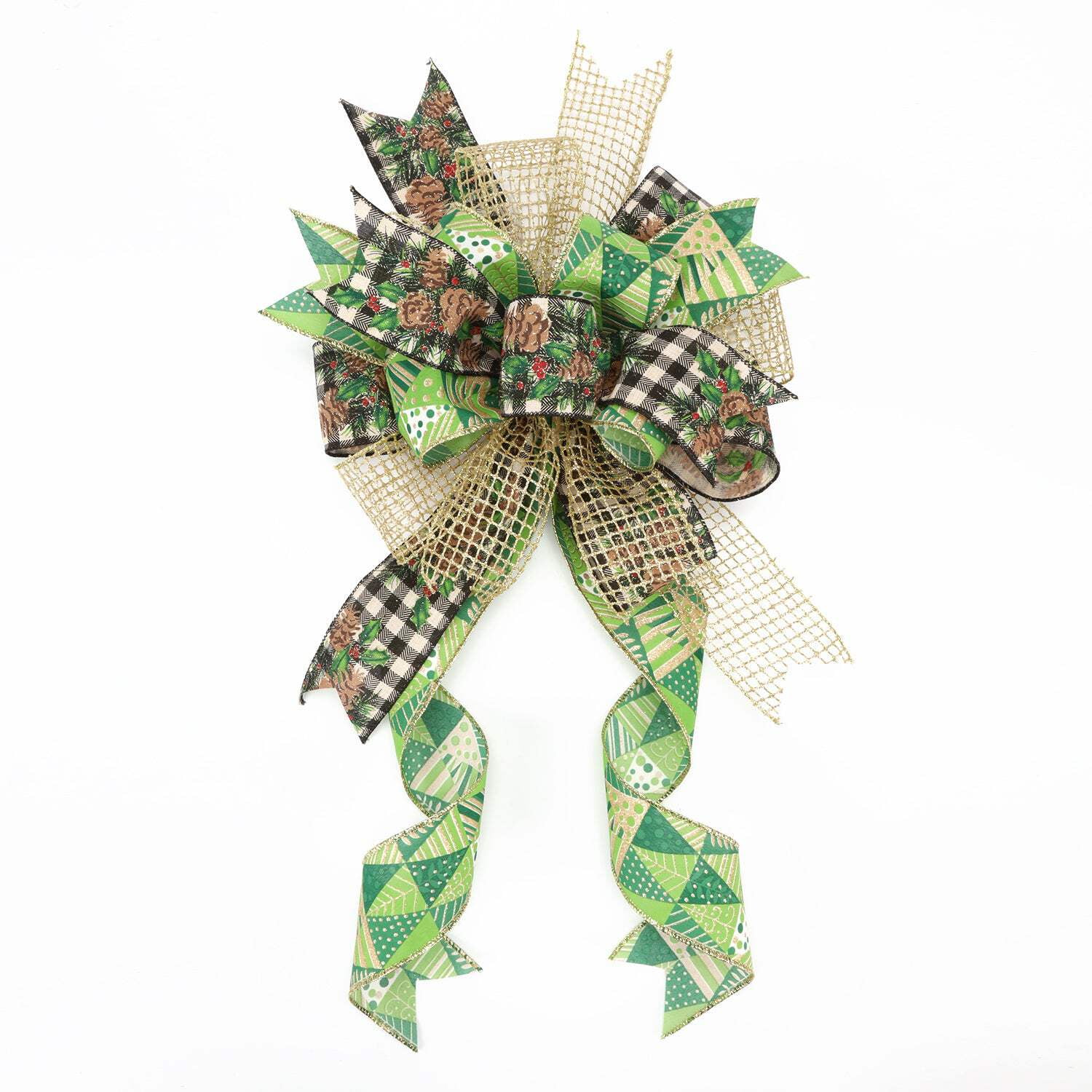 LaRibbons 2-1/2" Printed Wired Ribbon | White/Black Check w/ Pinecone | 10 Yard Roll
