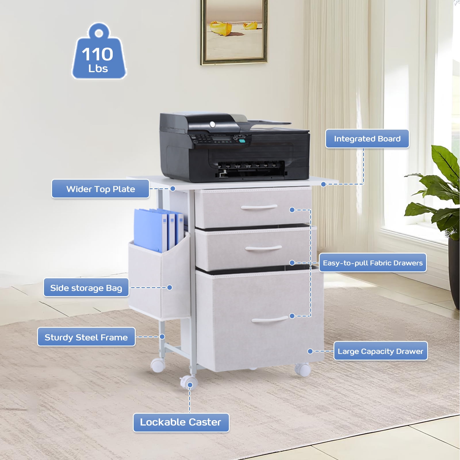 KATHY&BOB Printer Stand with 3 Fabric Drawers, Mobile File Cabinet, Desk Table Cabinet Fits A4 Letter Size, Home Office Furniture, White