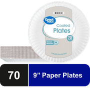 Great Value Coated, Microwave Safe, Disposable Paper Plates, 9 in, White, 70 Count